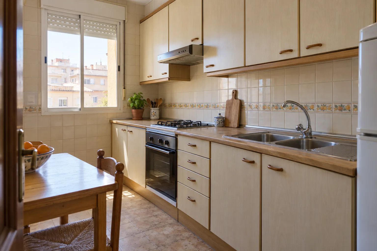 Cocina ilustrativa de aspecto antiguo con desgaste visible